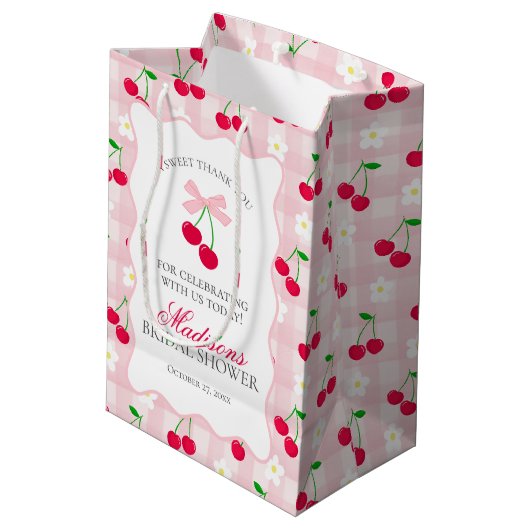 Kers Zoete Roze Coquette Strik Bruiloft Favor Medium Cadeauzakje (Achterkant Gekanteld)