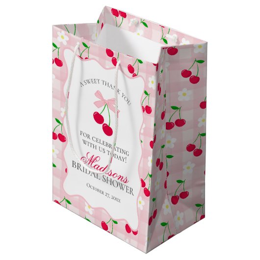 Kers Zoete Roze Coquette Strik Bruiloft Favor Medium Cadeauzakje (Voorkant Gekanteld)