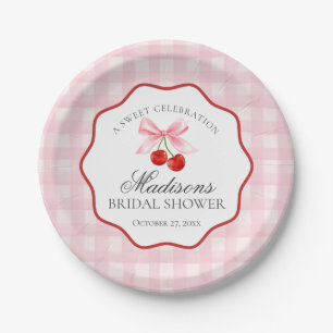 Kers Zoete Roze Flirterige Gingham Bruiloftsfeest Papieren Bordje