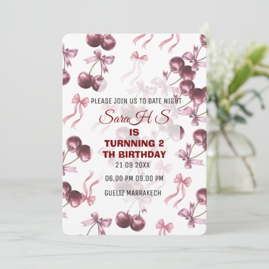 Kers Zweet Verjaardagsfeest Uitnodiging, Kers Lint Kaart (Staand voorkant)