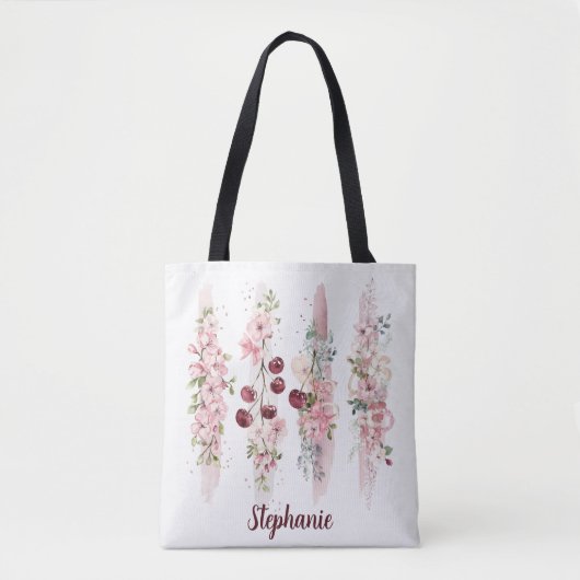 Kersbloesem Bloemenaquarel, Naam toevoegen Tote Bag (Voorkant)