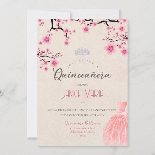 Kersebloesem Quinceañera Uitnodiging (Voorkant)