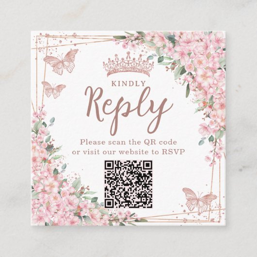 Kersebloesems Roze Goud Quinceanera QR-code Informatiekaartje (Voorkant)