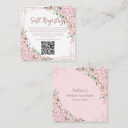 Kersebloesems Roze Goud Sweet Sixteen QR Cadeau Informatiekaartje (Voorkant / Achterkant)