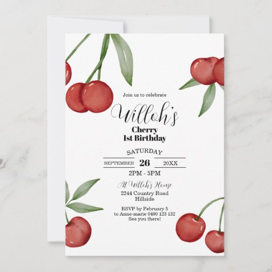 Kersen 1e Verjaardag Uitnodiging Zomer Kersen (Voorkant)