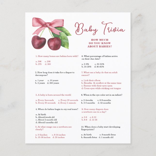 Kersen baby shower Baby trivia spel (Voorkant)