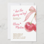 Kersen Baby Shower Uitnodiging: Roze Strik, Bessen Kaart (Voorkant)