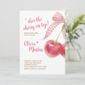 Kersen Baby Shower Uitnodiging: Roze Strik, Bessen Kaart (Staand voorkant)