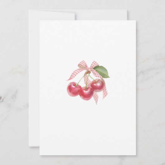 Kersen Baby Shower Uitnodiging: Roze Strik, Bessen Kaart (Achterkant)