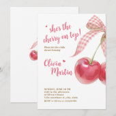 Kersen Baby Shower Uitnodiging: Roze Strik, Bessen Kaart (Voorkant / Achterkant)