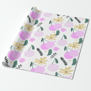 Kersen Bloemgroen Geel Roze Harten Patroon Cadeaupapier
