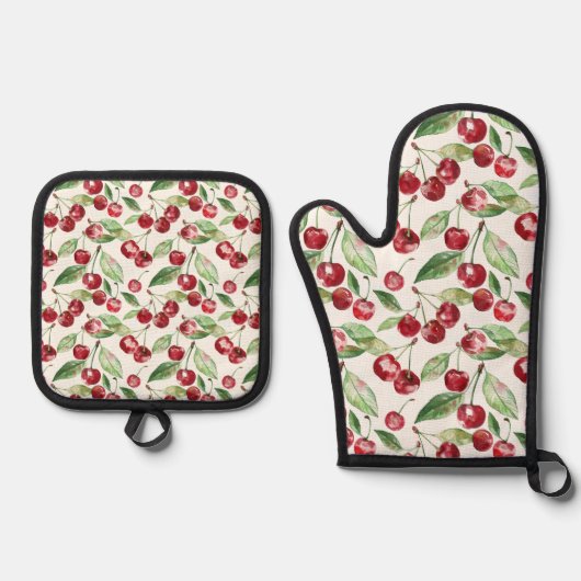 Kersen Cherry Red Pattern Waterverf Ovenwant & Pannenlap Set (Voorkant)