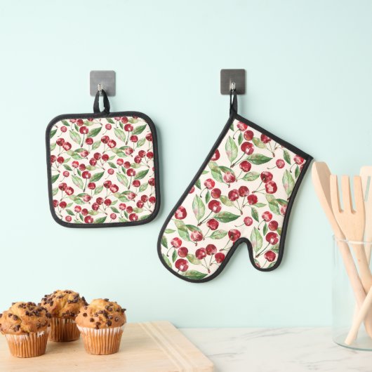 Kersen Cherry Red Pattern Waterverf Ovenwant & Pannenlap Set (Insitu(Ophanging))