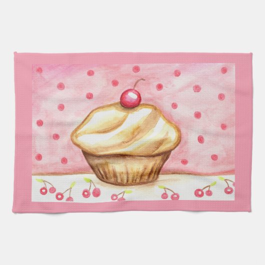 Kersen Cupcake Keukenhanddoek (Horizontaal)