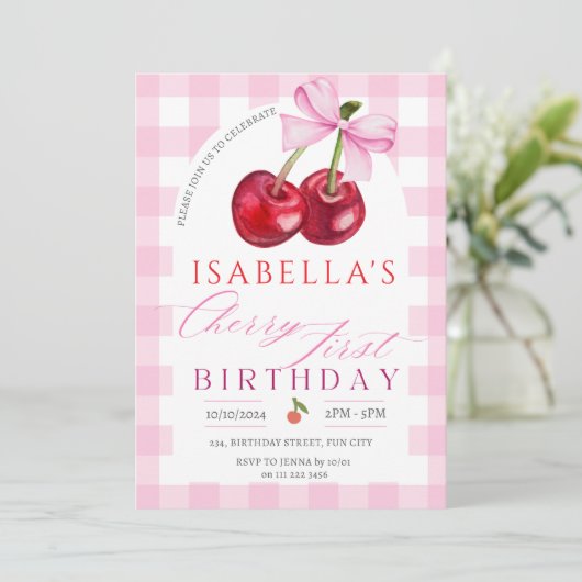 Kersen Eerste Verjaardag Meisje 1e Fruit Bow Verja Kaart (Staand voorkant)