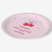 Kersen eerste verjaardag met roze Preppy Bow Papieren Bordje (Gekanteld)