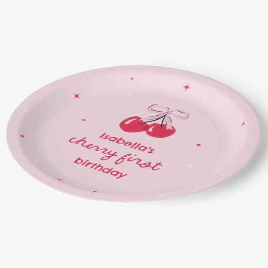Kersen eerste verjaardag met roze Preppy Bow Papieren Bordje (Gekanteld)
