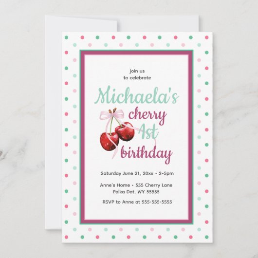 Kersen Eerste Verjaardag Polka Dot Theme Kaart (Voorkant)