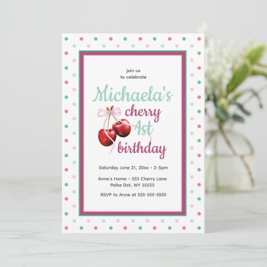 Kersen Eerste Verjaardag Polka Dot Theme Kaart (Staand voorkant)