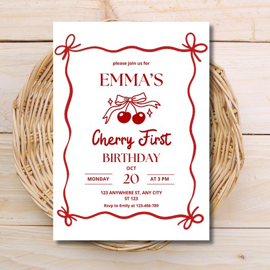 Kersen eerste verjaardag uitnodiging, rode boog be kaart
