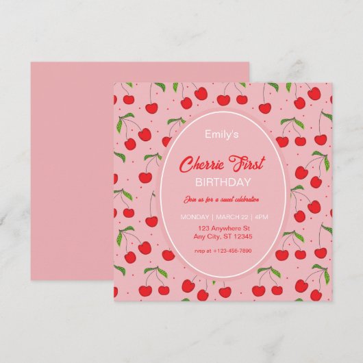 KERSEN Eerste Verjaardagsfeest Uitnodiging (Voorkant / Achterkant)