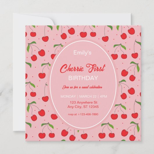 KERSEN Eerste Verjaardagsfeest Uitnodiging (Voorkant)