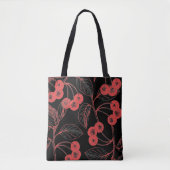 Kersen en bladeren rood op zwart tote bag (Voorkant)