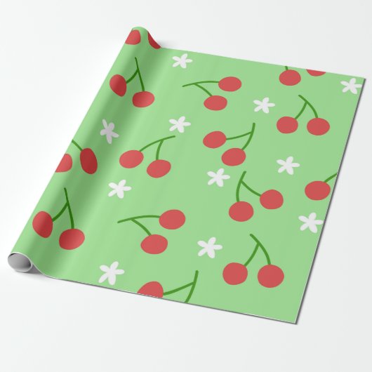 Kersen en White Flower Wrapping Paper Cadeaupapier (Uitgerold)