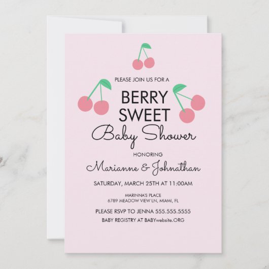 Kersen Fruit Roze Rode Baby Shower Uitnodiging (Voorkant)