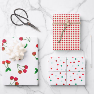 Kersen, gingham en veel Stippen samengevoegd Inpakpapier Vel