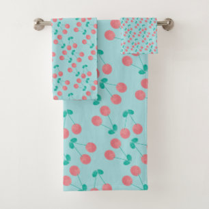 Kersen handgeschilderd aquarel roze turquoise bad handdoek