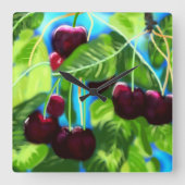 Kersen hangend aan takken Cherry Red Green Vierkante Klok (Voorkant)