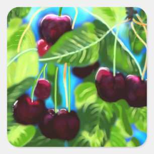 Kersen hangend aan takken Cherry Red Green Vierkante Sticker