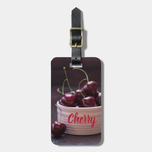 Kersen in roze kom voor fruitliefhebber bagagelabel (Voorkant verticaal)