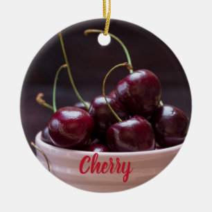 Kersen in roze kom voor fruitliefhebber keramisch ornament
