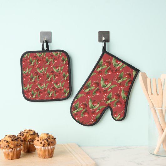 Kersen Kersenrood Patroon Ovenwant & Pannenlap Set (Insitu(Ophanging))