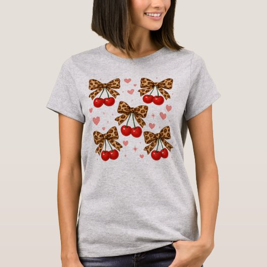 Kersen Leopard Cheetah Bow Coquette Esthetisch T-shirt (Voorkant)