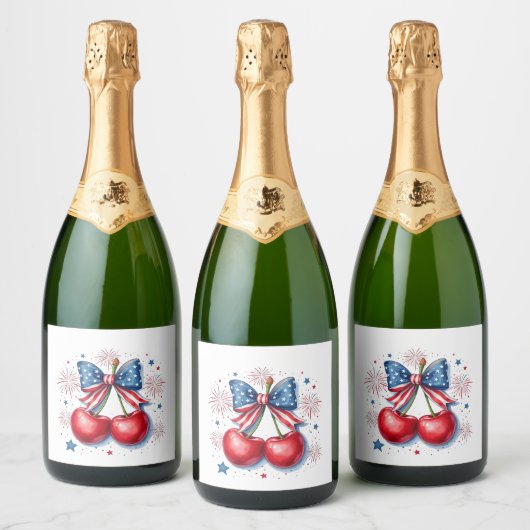 Kersen met Coquette Bow 4 juli Amerikaans Sparkling Wijnetiket (Flessen)