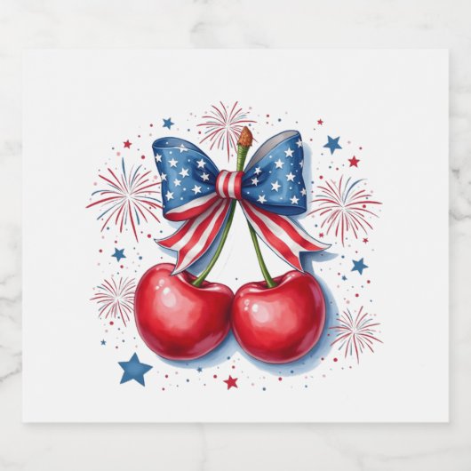 Kersen met Coquette Bow 4 juli Amerikaans Sparkling Wijnetiket (Enkel label)