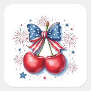Kersen met Coquette Bow 4 juli Amerikaans Vierkante Sticker