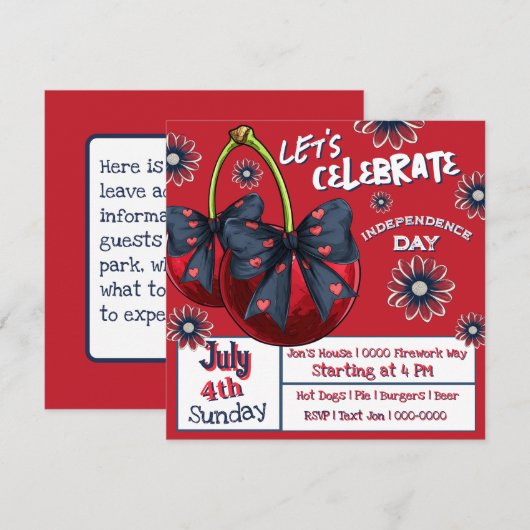 Kersen met Coquette Bows Rood Wit en Blauw Kaart (Voorkant / Achterkant)