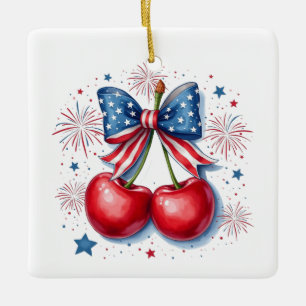 Kersen met Coquette Strik 4 juli Amerikaans Keramisch Ornament