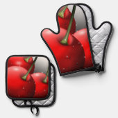 Kersen met dauwdruppels ovenwant & pannenlap set (Voorkant / Achterkant)