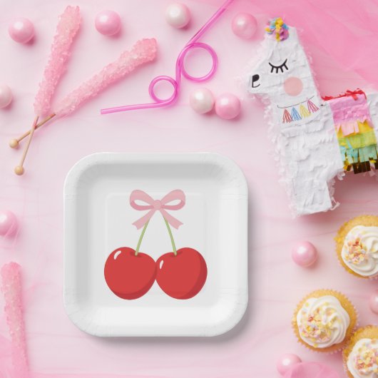 Kersen met Roze Strik Coquette Verjaardagsfeestje Papieren Bordje (Feest)