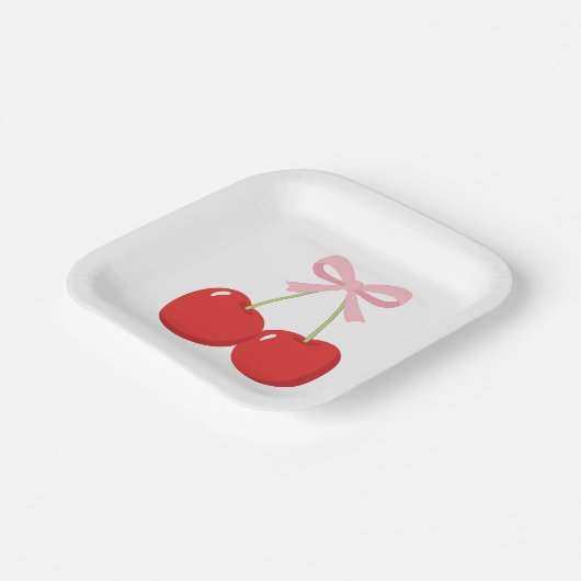 Kersen met Roze Strik Coquette Verjaardagsfeestje Papieren Bordje (Gebogen)