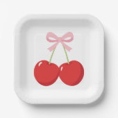 Kersen met Roze Strik Coquette Verjaardagsfeestje Papieren Bordje (Voorkant)