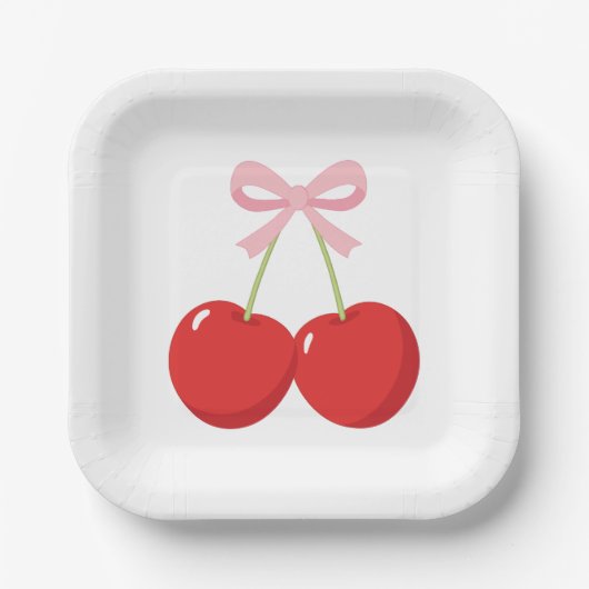 Kersen met Roze Strik Coquette Verjaardagsfeestje Papieren Bordje (Voorkant)