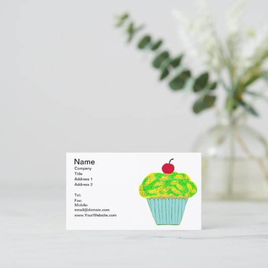 Kersen op de top Gele en Groene Vanille Cupcake Visitekaartje (Staand voorkant)