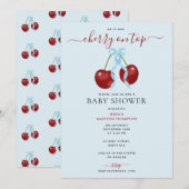 Kersen op de top Modern Baby shower Blue Bow Boy Kaart (Voorkant / Achterkant)