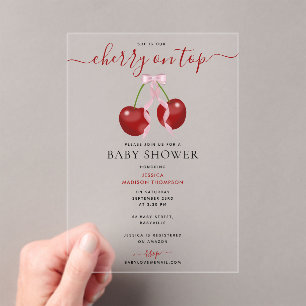 Kersen op de top Modern Baby shower Pink Bow Girl Acryl Uitnodigingen